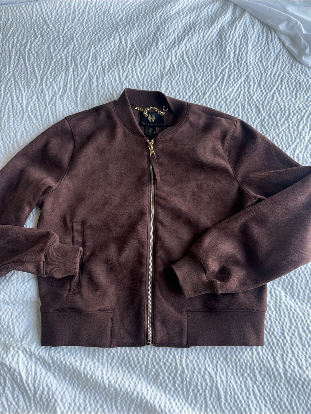 House of Harlow 1960 Brown Suede-Effect Bomber Jacket with Gold Zipper
